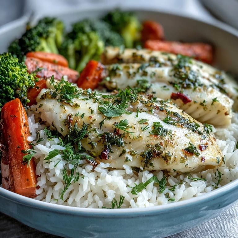 Close-up of seasoned baked tilapia next to perfectly steamed broccoli and carrots, served over warm rice.