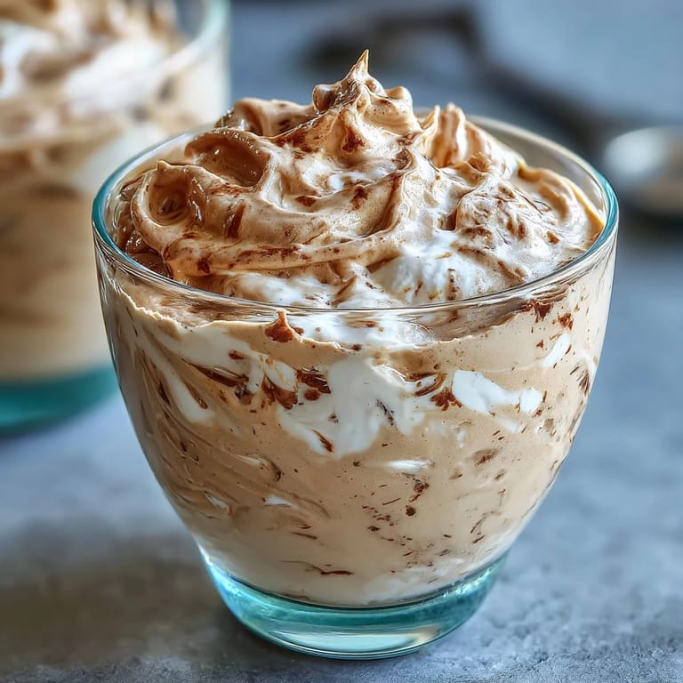 Delicate Hojicha Mousse garnished simply, emphasizing its smooth texture and rich amber-brown color.