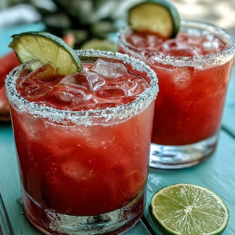 Two chilled Guava Margaritas over ice, featuring a pink hue from guava nectar and a salted rim.