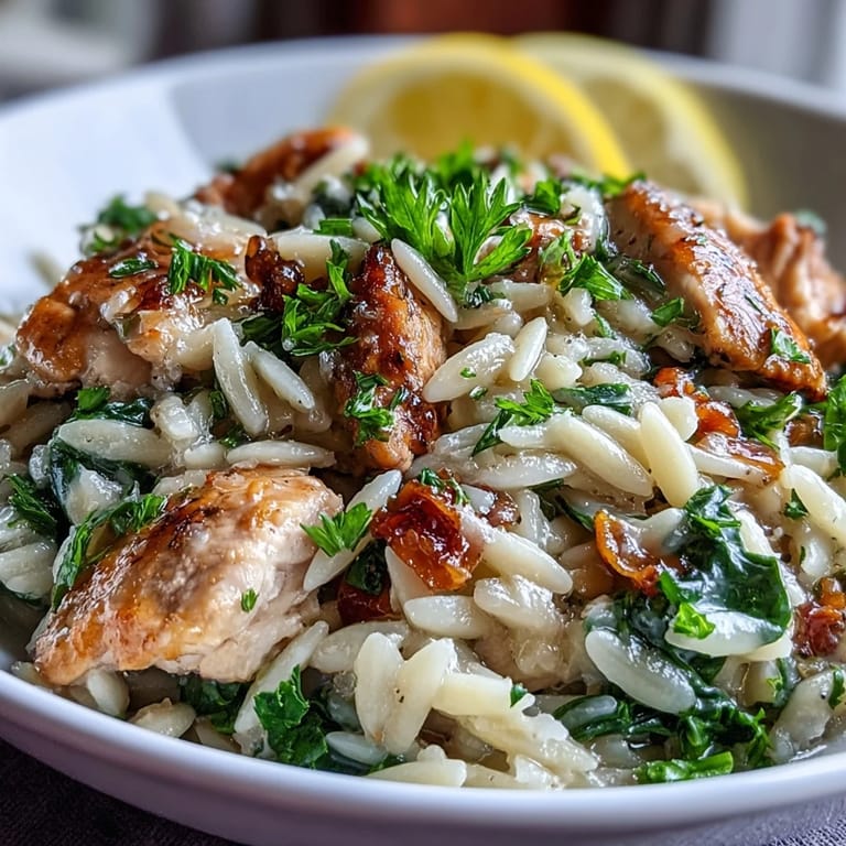 Juicy chicken and orzo pasta simmered in lemon-infused broth with fresh spinach for a vibrant, easy one-pot meal.