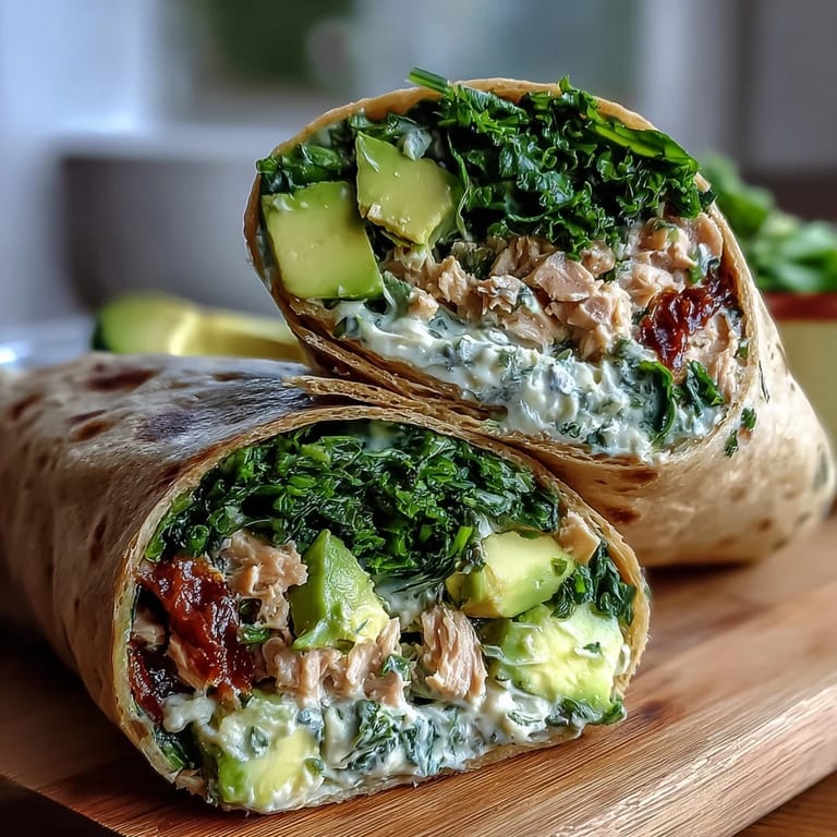 Wholesome whole wheat wraps filled with mashed avocado, tuna, and baby spinach leaves for a nutritious meal.  