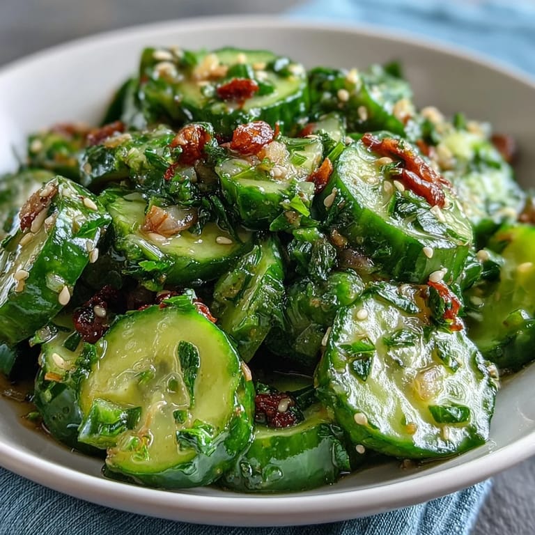 Spicy, garlicky smashed cucumber salad with red chili oil, sesame seeds, and fresh cilantro, perfect for summer meals.
