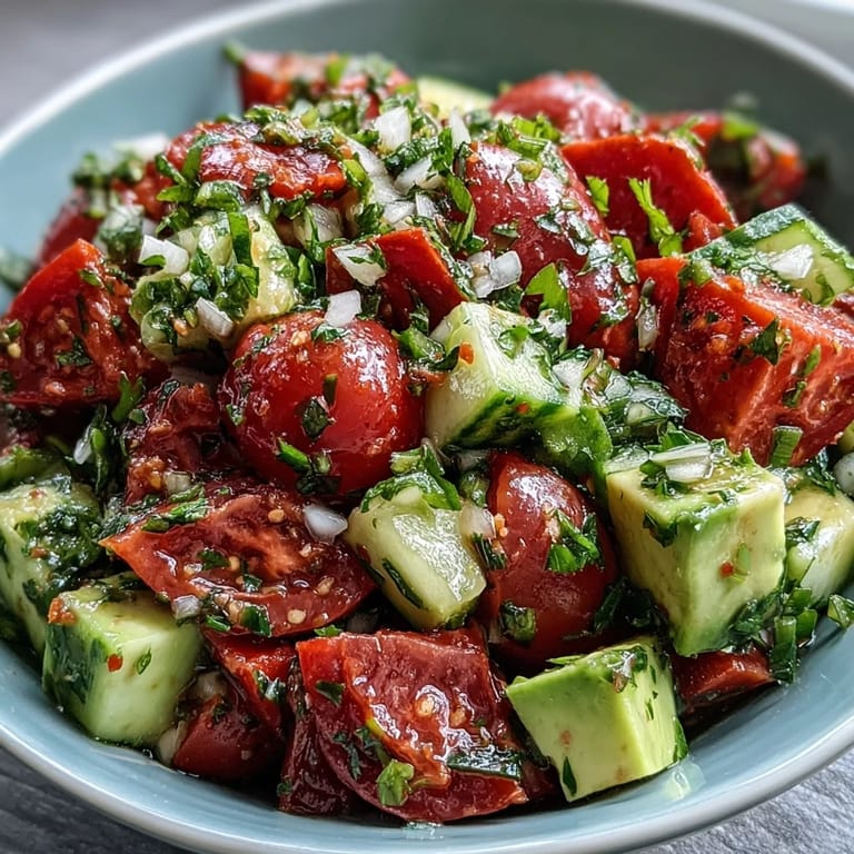 Creamy avocado and crisp cucumber combine with juicy tomatoes in this zesty lemon-dressed salad