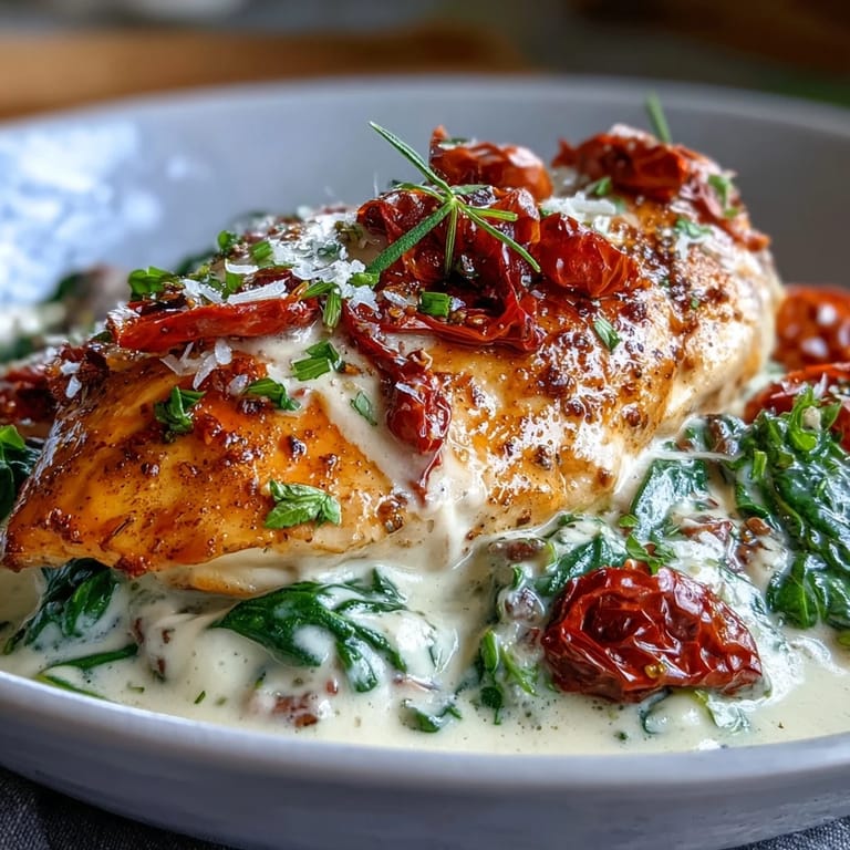 Golden-seared chicken breasts simmered in a velvety Parmesan cream sauce with sun-dried tomatoes, perfect for a cozy Italian dinner.  
