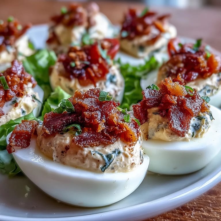 Classic deviled eggs transformed with a BLT twist, featuring tangy filling, crispy bacon, and fresh veggies for a flavorful bite.