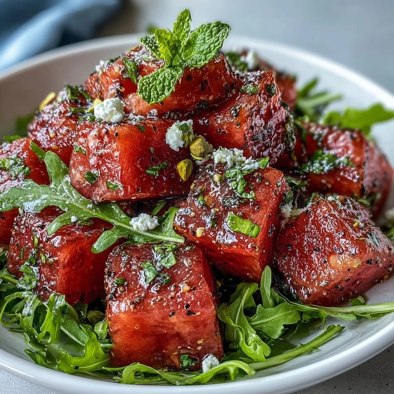 Refreshing summer watermelon arugula salad featuring crisp cucumber, red onion, tangy feta, and crunchy nuts in a bright citrus dressing.