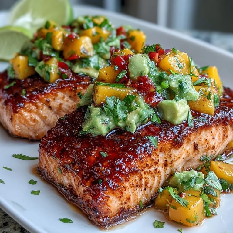 Juicy baked salmon fillets drizzled with zesty lime and served with fresh mango avocado salsa.