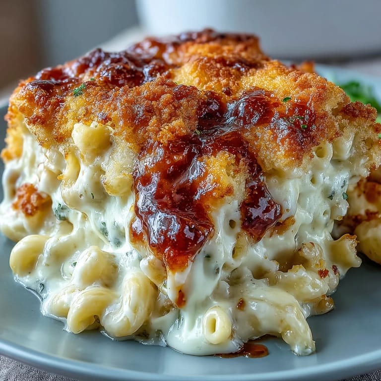 Baked macaroni and cheese with sharp cheddar, Gruyère, and a crunchy Parmesan breadcrumb crust.