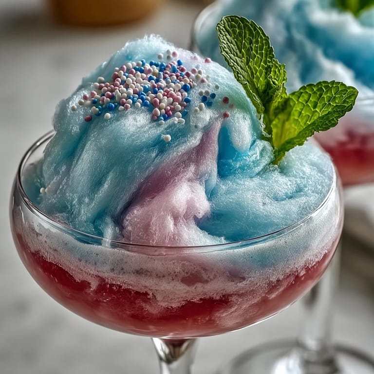 Dreamy pink lemonade float with cotton candy and vanilla ice cream, garnished with sprinkles and mint leaves.