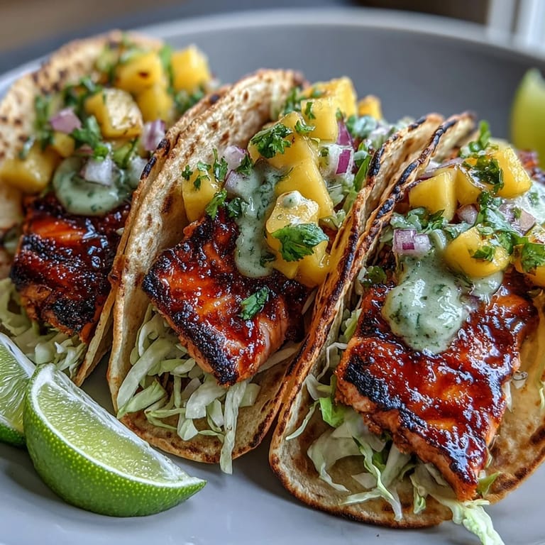 Zesty grilled salmon tacos topped with bright mango salsa, served on warm tortillas for a flavorful summer dinner.