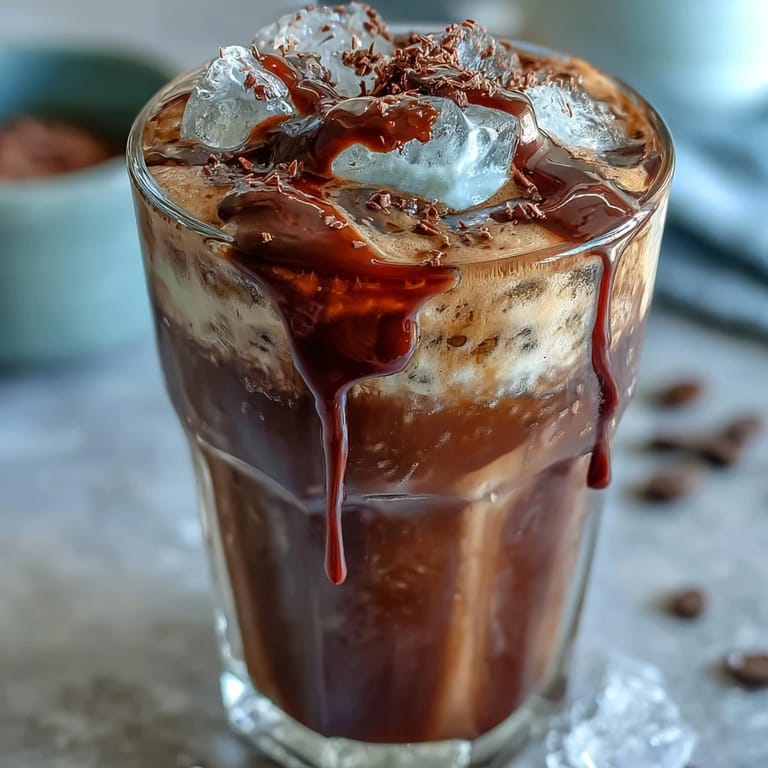 A glass of rich cold brew coffee topped with smooth chocolate cream, garnished with chocolate syrup and cocoa powder.