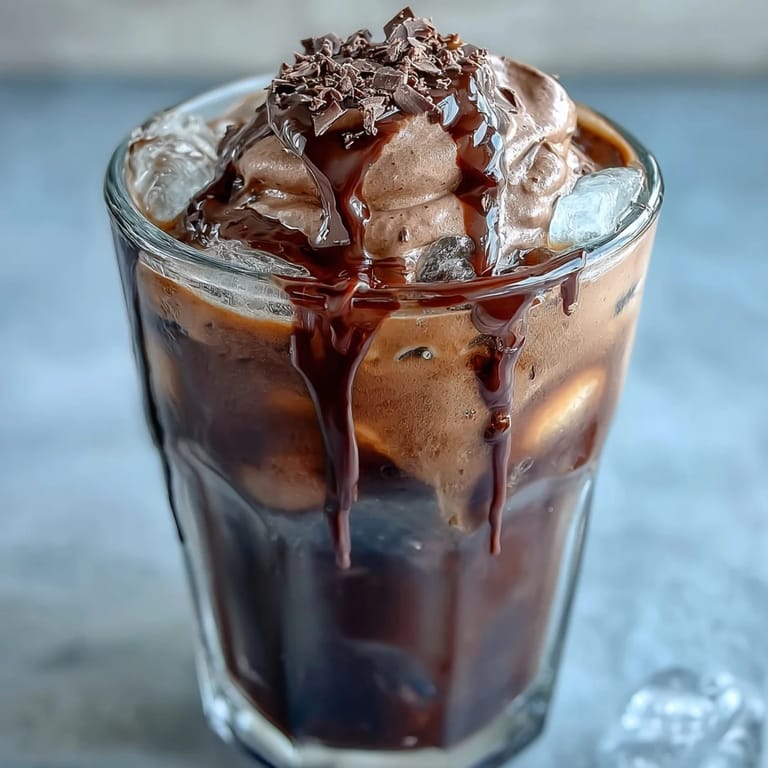 Two servings of Chocolate Cream Cold Brew with velvety chocolate cream layered over ice-cold coffee, ready to enjoy.