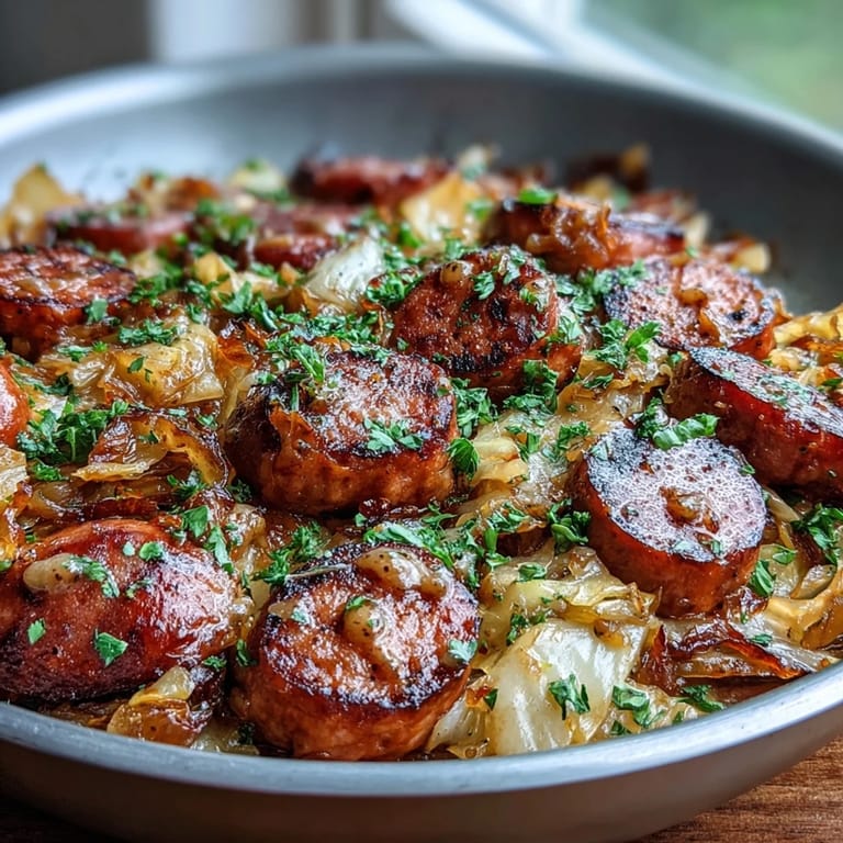 Savory cabbage and sausage skillet with caramelized onions, tender cabbage, and a tangy mustard finish.