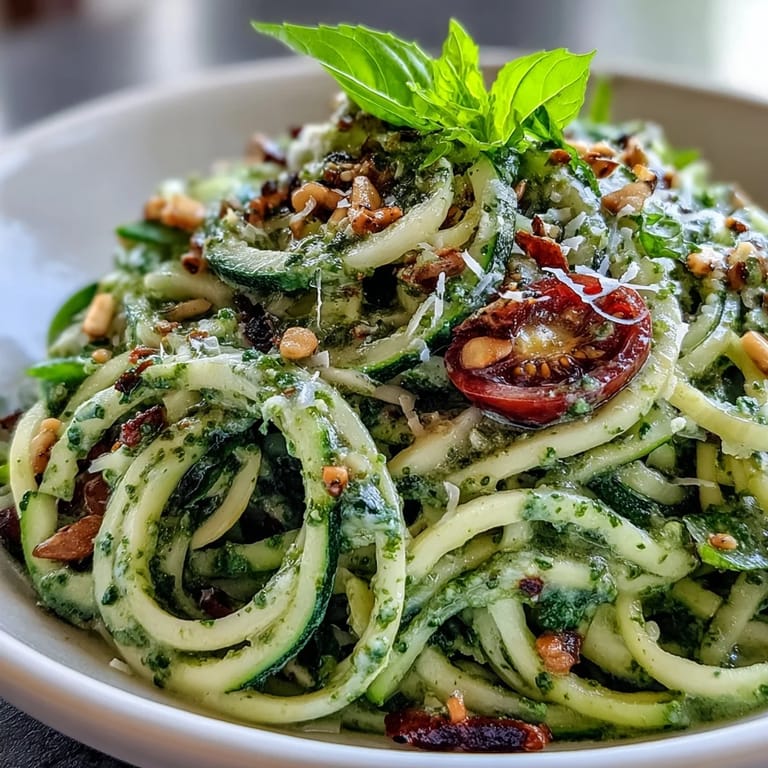 Aromatic homemade pesto coats crisp zucchini noodles, paired with ripe cherry tomatoes for a colorful, gluten-free Italian-inspired dish.  