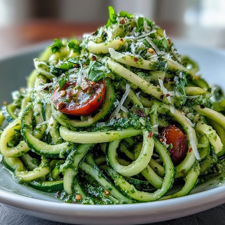 Bright and flavorful zucchini noodles are mixed with rich basil pesto and fresh cherry tomatoes, garnished with Parmesan for extra zest.