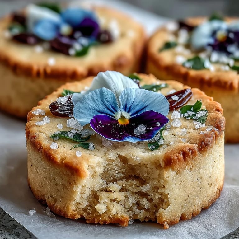 Buttery shortbread cookies decorated with vibrant edible flowers and a light dusting of sugar, ideal for afternoon tea or garden parties.