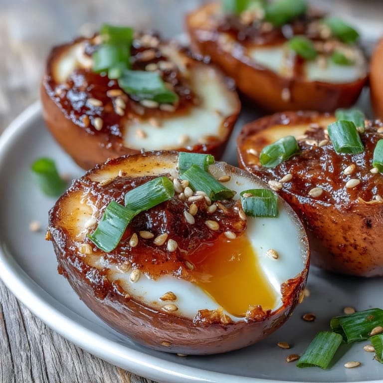 Japanese-inspired marinated eggs with chili and miso, delivering a rich, spicy kick in every bite.