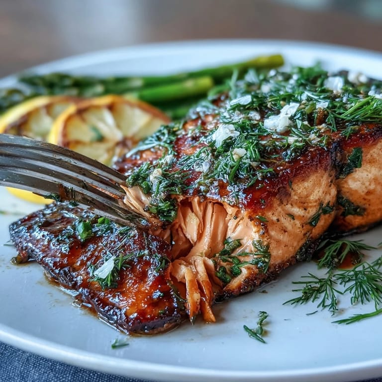 Succulent salmon fillet baked with lemon zest, garlic, and dill alongside tender asparagus, creating a flavorful one-pan dinner ready in 30 minutes.