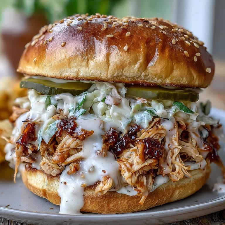 Tender smoked pulled chicken piled high on buns, drizzled generously with Alabama sauce.
