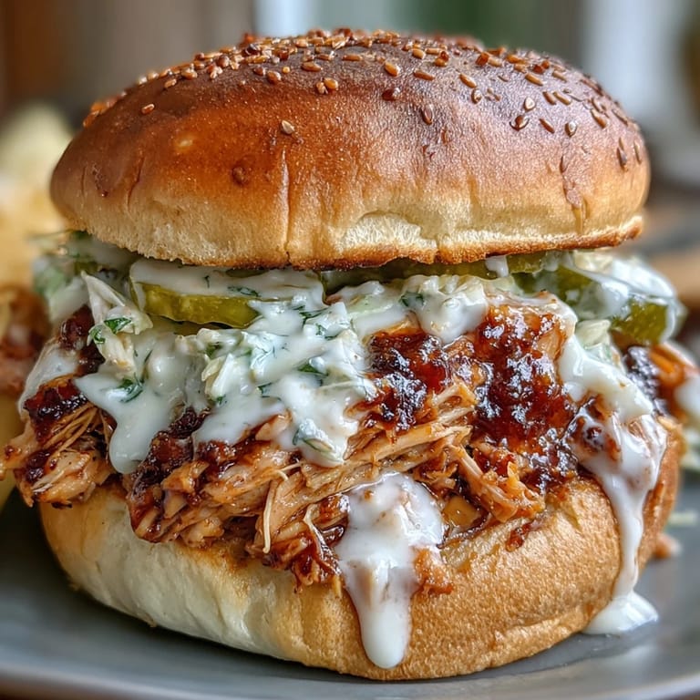 Flavorful pulled chicken sandwiches with tangy white BBQ sauce, perfect for any gathering.
