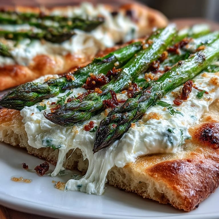 Creamy burrata and roasted asparagus atop a crisp flatbread, ready to serve.
