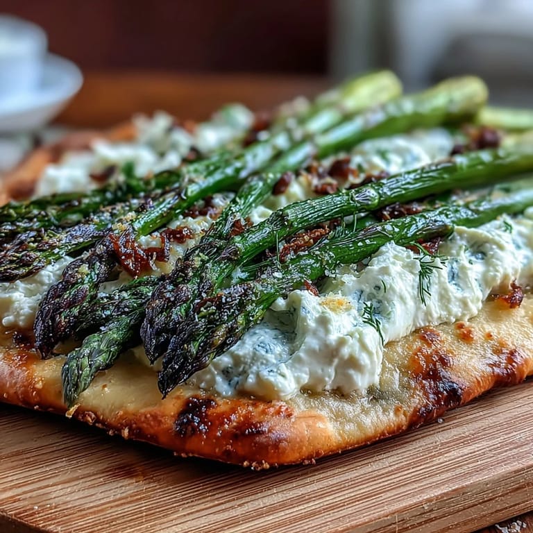 Vibrant flatbread with tender asparagus, melting burrata, bright lemon—an easy appetizer.