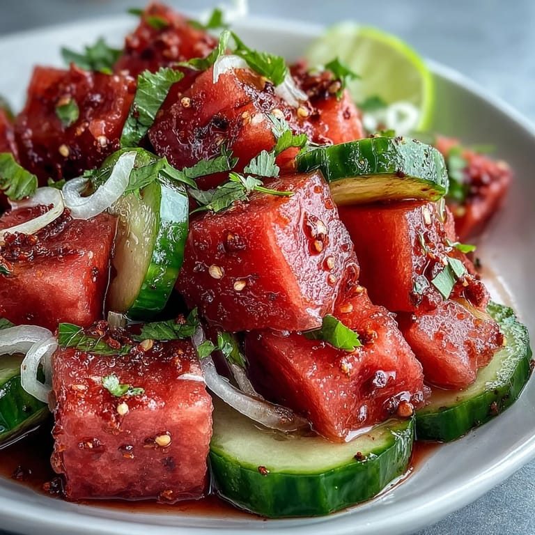 Bright, zesty watermelon cucumber salad, a light and easy side dish.