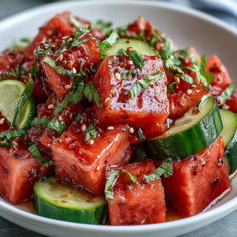 Cool and crisp watermelon cucumber salad, seasoned with Tajin, lime, perfect for summer.