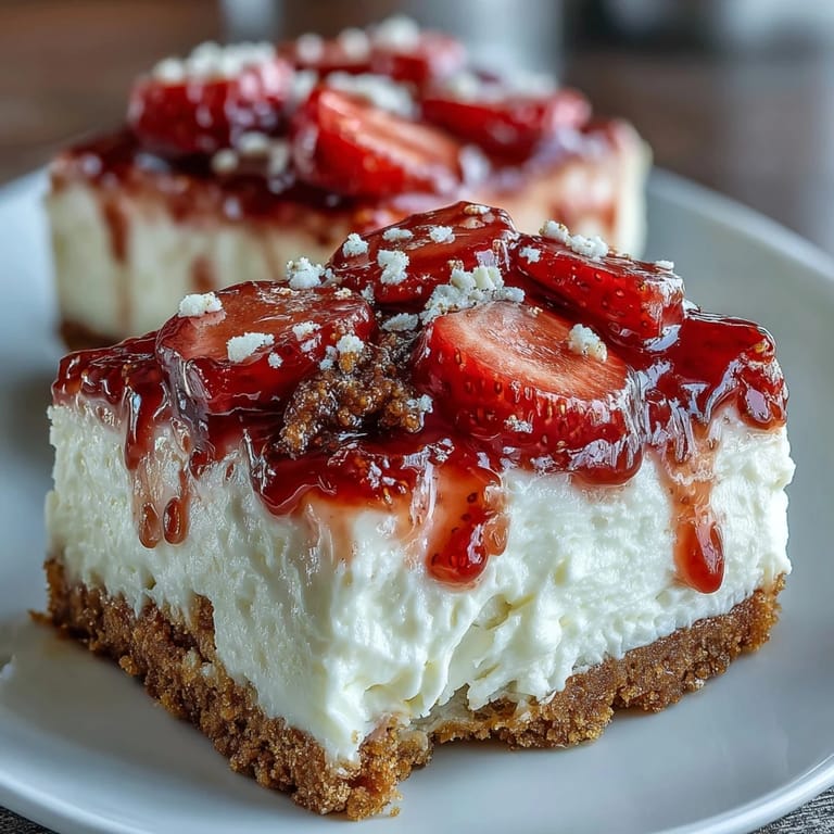 Layered strawberry cheesecake bars featuring smooth cream cheese filling over a buttery graham cracker crust, topped with juicy fresh strawberries.