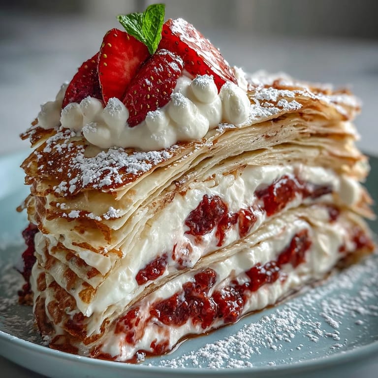 A celebratory Mother's Day Crêpe Cake, beautifully layered with fresh strawberry cream.