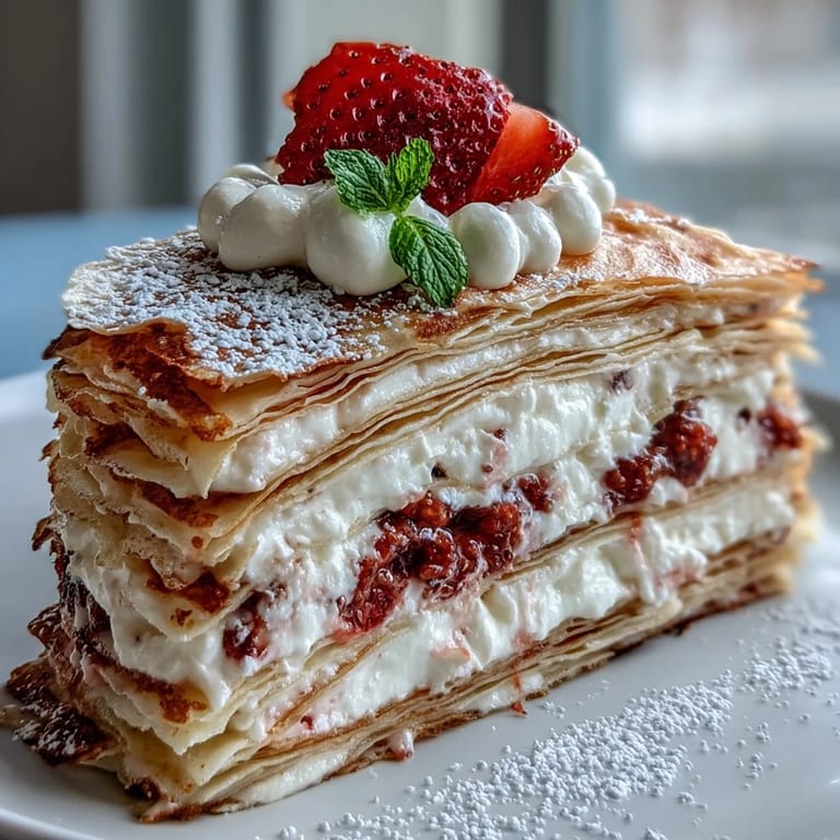 Enjoy a slice of this elegant Mother's Day Crêpe Cake, topped with fresh berries.