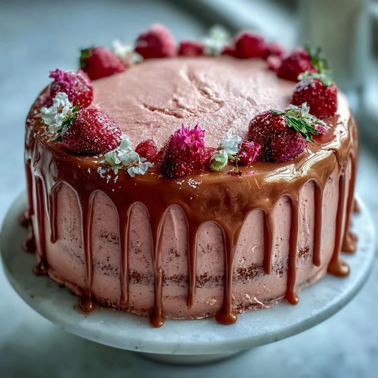 Delicate pink velvet cake infused with rosé wine, topped with creamy rosé buttercream and a luxurious gold drip finish.  