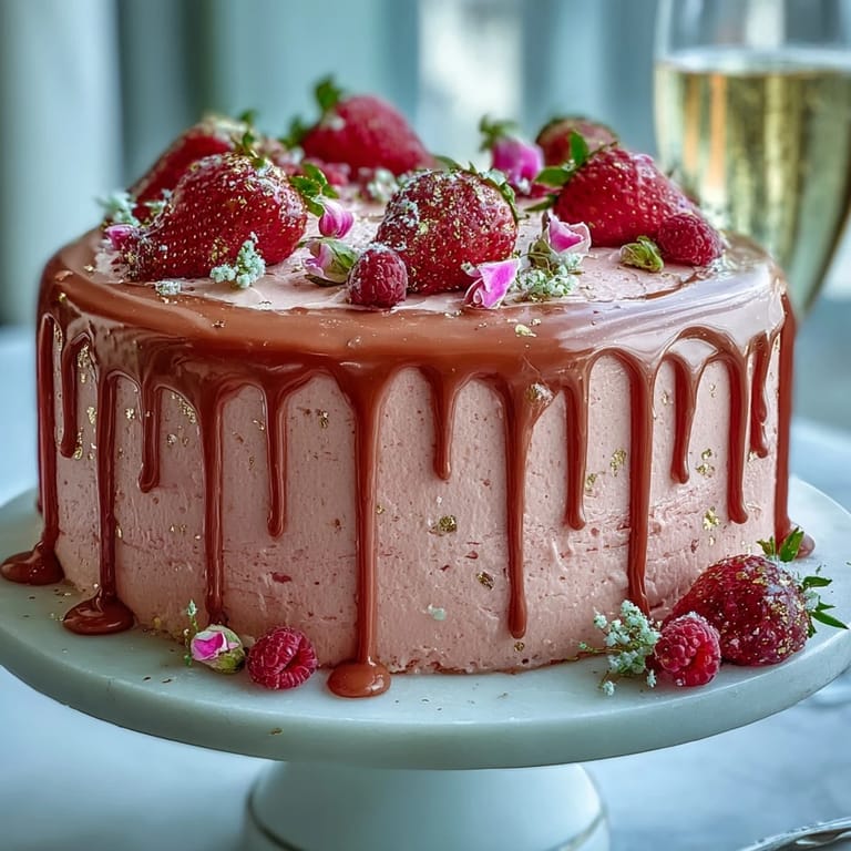 Romantic pink velvet cake with rosé wine and gold drip, perfect for bridal showers and elegant celebrations.