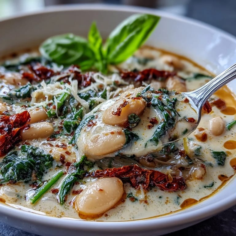 Hearty bowl of creamy white bean soup featuring tender vegetables, cannellini beans, and a swirl of heavy cream for richness.  