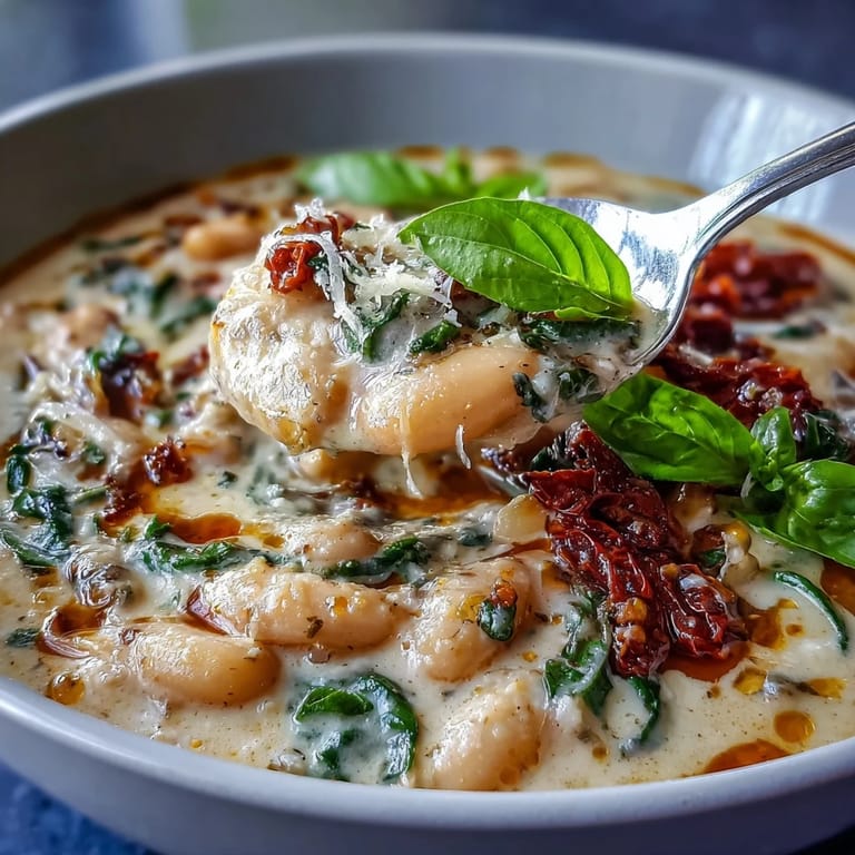 Close-up of a steaming bowl of Tuscan white bean soup with spinach, sun-dried tomatoes, and a sprinkle of Parmesan cheese.