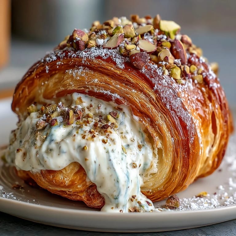 Golden baked croissant oozing with homemade pistachio cream, dusted with powdered sugar for an indulgent bakery-style treat.