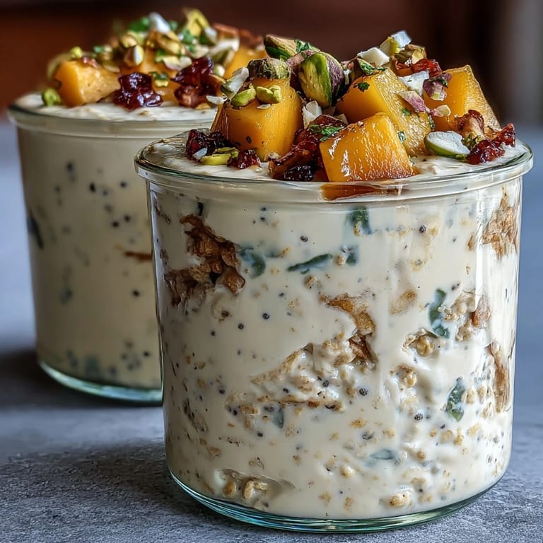 Vibrant mango-infused overnight oats layered with yogurt, chia seeds, and tropical fruit for a refreshing breakfast treat.