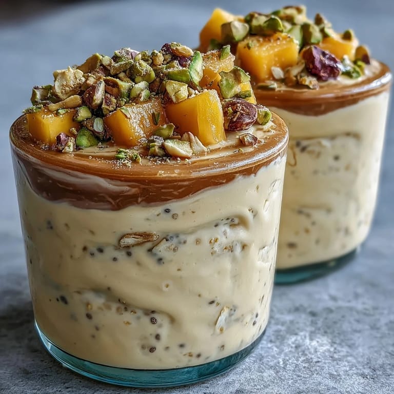 Chilled mango lassi overnight oats garnished with chopped pistachios and a hint of vanilla, perfect for busy mornings.