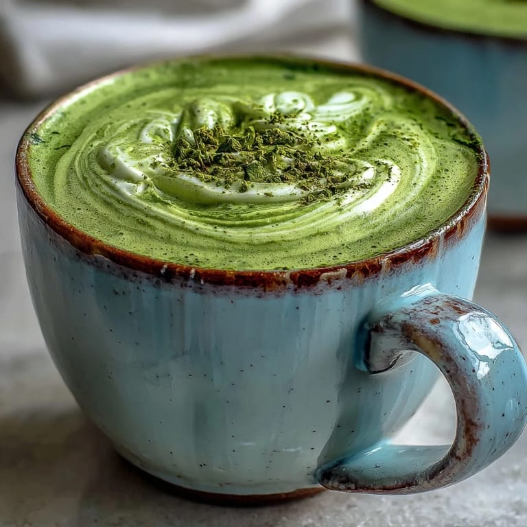 Beautifully frothed oat milk topping a frothy, emerald green matcha latte.