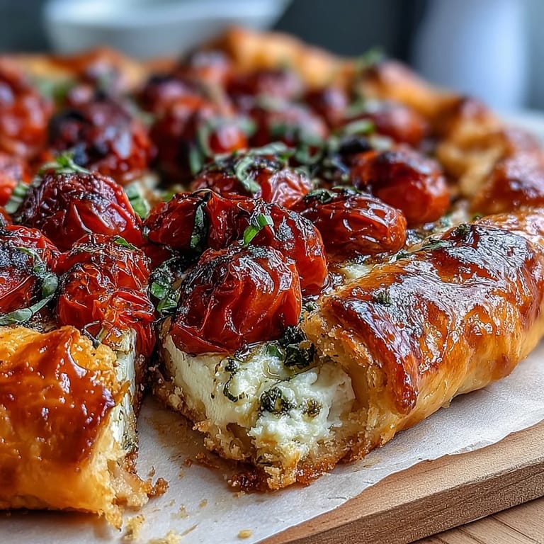Savory tart bursting with sweet tomatoes and creamy feta, baked golden brown.