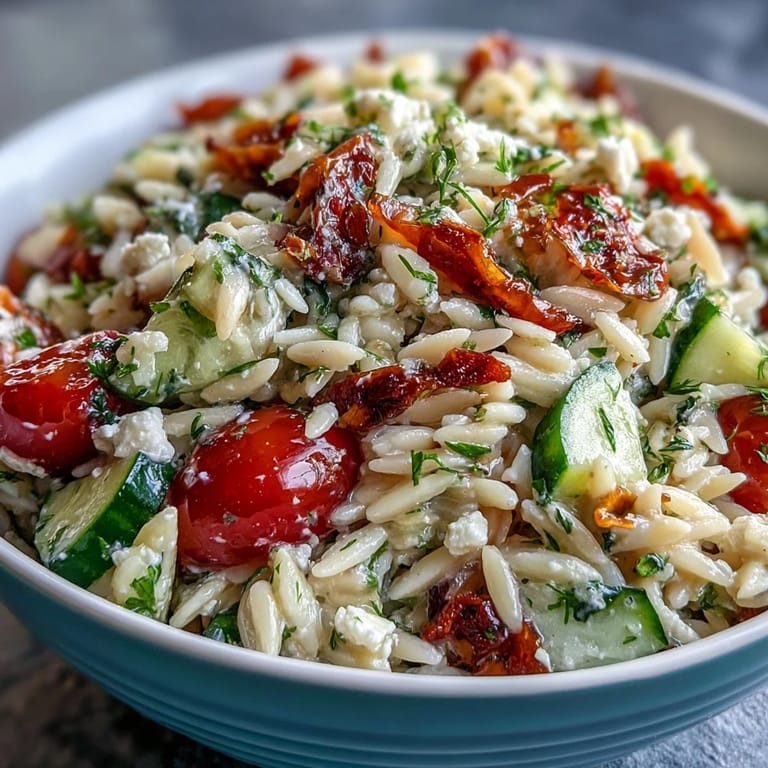 Lemon Herb Summer Orzo Salad showcasing colorful cherry tomatoes and cool cucumber at its best.