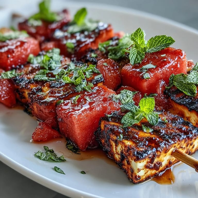 Char-grilled halloumi and watermelon skewers topped with fresh mint for summer delight.