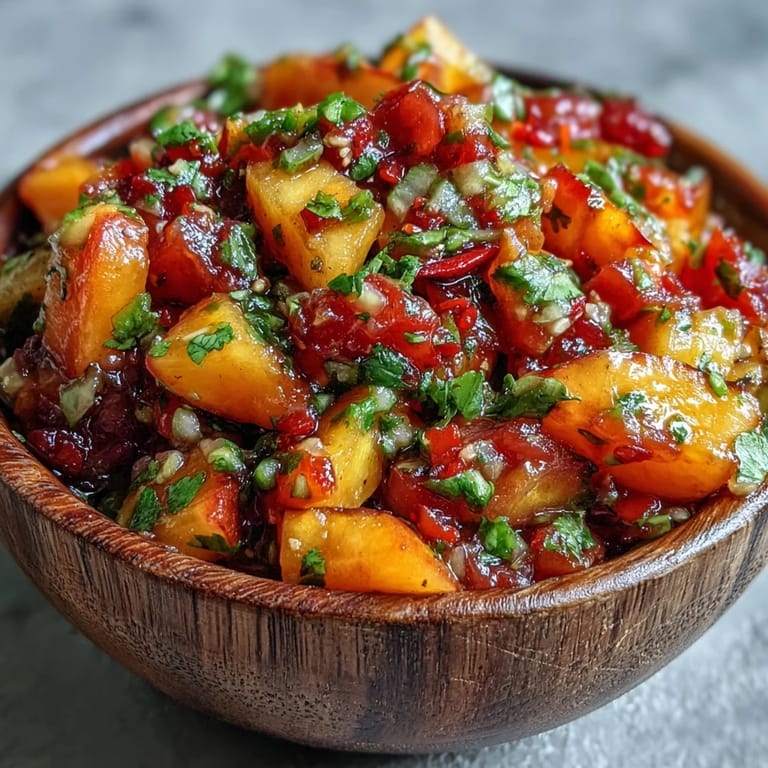 A fresh, colorful peach jalapeño salsa ready to spoon over a delicious meal.