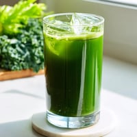 A close-up of vibrant green Cabbage and Kale Detox Juice in a clear glass, garnished with a fresh lemon slice and a hint of ginger.  