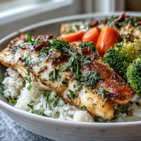 Golden-brown herb-baked tilapia fillets on fluffy white rice with bright green broccoli and orange carrot slices.