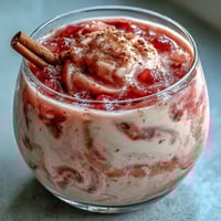 Chilled, creamy Guava Coquito pours from a glass bottle into a small tumbler, garnished with ground cinnamon.