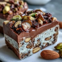 Hojicha Nougat squares cut on a board, topped with chopped almonds and pistachios, ready to serve.