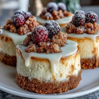 Housewarming Mini Cheesecakes with a buttery graham cracker crust and creamy vanilla filling, topped with fresh berries for a festive dessert display.