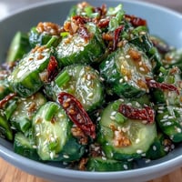 Smashed cucumber salad with garlic chili oil, vibrant and refreshing, served in a white bowl with sesame seeds and scallions.