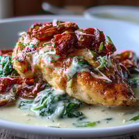 Creamy Tuscan Chicken with Sun-Dried Tomatoes in a rich, garlicky cream sauce, served with wilted spinach and fresh basil.  